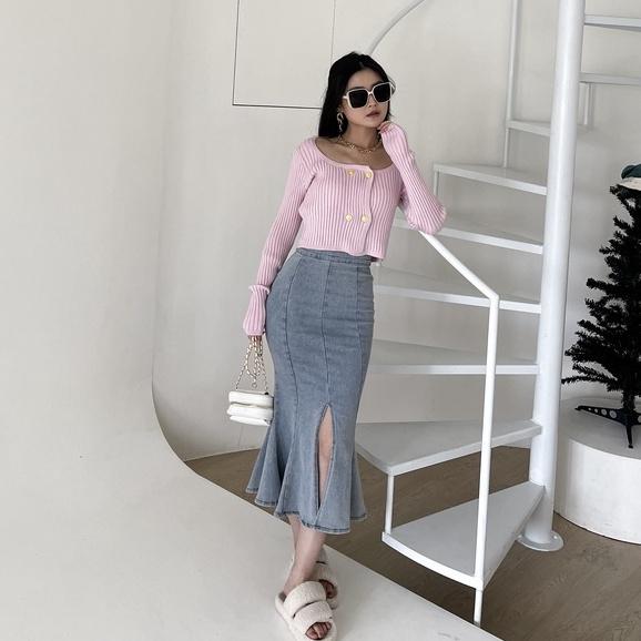 【DOE.FF】丹寧魚尾開岔中長裙 (現貨) 魚尾裙 牛仔裙 長裙 短裙 牛仔短裙 a字裙 顯瘦長裙 短裙女-細節圖5