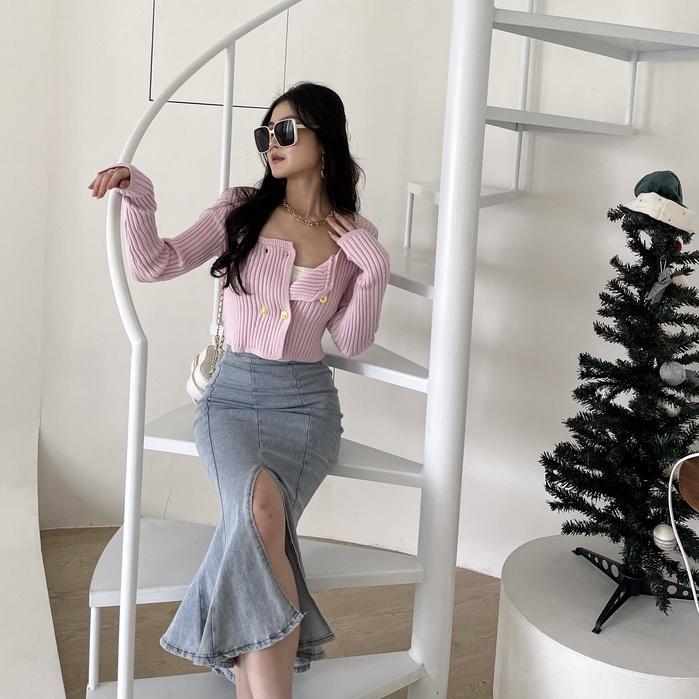 【DOE.FF】丹寧魚尾開岔中長裙 (現貨) 魚尾裙 牛仔裙 長裙 短裙 牛仔短裙 a字裙 顯瘦長裙 短裙女-細節圖6