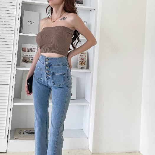 【DOE.FF】 韓國高腰五釦開岔喇叭褲 (現貨) 長褲女 顯瘦長褲 喇叭褲 高腰長褲 排扣長褲 貼身長褲 牛仔褲-細節圖5