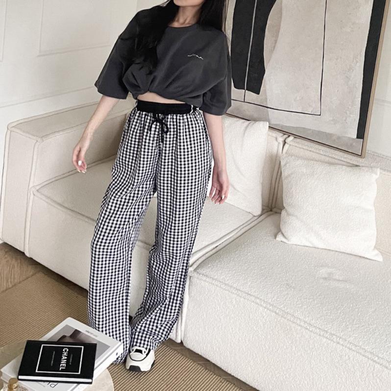 【DOE.FF】格紋長腿寬褲｜現貨·福利品｜寬褲 長寬褲 高腰長褲 雪紡寬褲 格紋寬褲 長褲女 闊腿褲-細節圖2