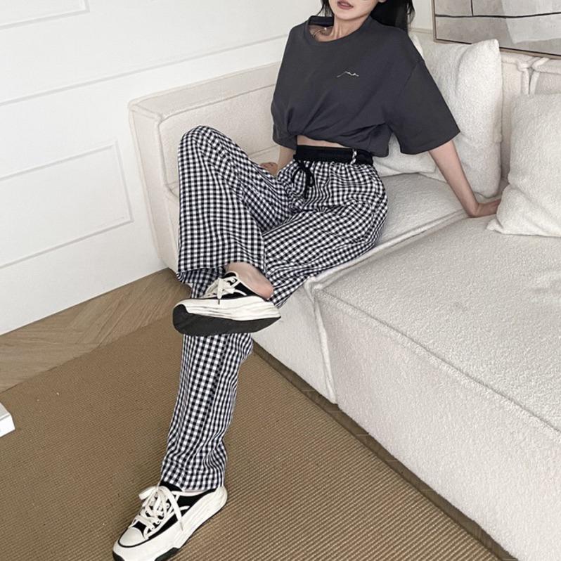 【DOE.FF】格紋長腿寬褲｜現貨·福利品｜寬褲 長寬褲 高腰長褲 雪紡寬褲 格紋寬褲 長褲女 闊腿褲-細節圖3