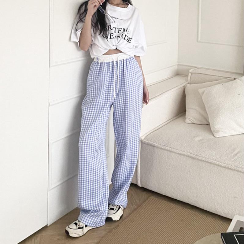 【DOE.FF】格紋長腿寬褲｜現貨·福利品｜寬褲 長寬褲 高腰長褲 雪紡寬褲 格紋寬褲 長褲女 闊腿褲-細節圖5