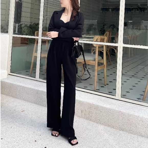 【DOE.FF】 兩釦壓褶西裝寬褲 (現貨) 西裝褲 寬褲 喇叭褲 長褲女 顯瘦長褲 喇叭褲 闊腿褲 高腰長褲-細節圖2