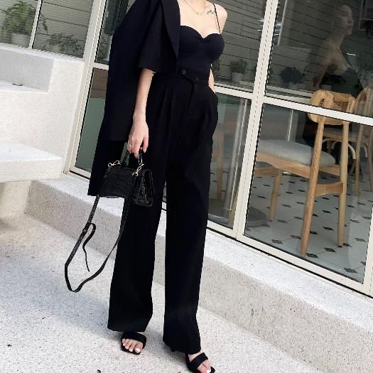 【DOE.FF】 兩釦壓褶西裝寬褲 (現貨) 西裝褲 寬褲 喇叭褲 長褲女 顯瘦長褲 喇叭褲 闊腿褲 高腰長褲-細節圖3