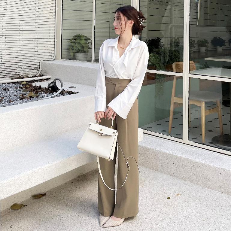 【DOE.FF】 兩釦壓褶西裝寬褲 (現貨) 西裝褲 寬褲 喇叭褲 長褲女 顯瘦長褲 喇叭褲 闊腿褲 高腰長褲-細節圖6