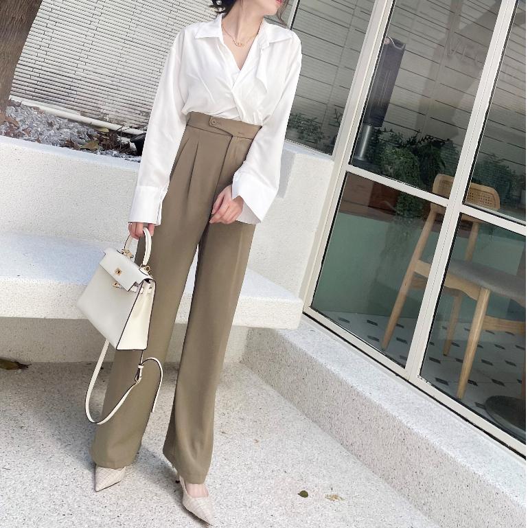 【DOE.FF】 兩釦壓褶西裝寬褲 (現貨) 西裝褲 寬褲 喇叭褲 長褲女 顯瘦長褲 喇叭褲 闊腿褲 高腰長褲-細節圖7