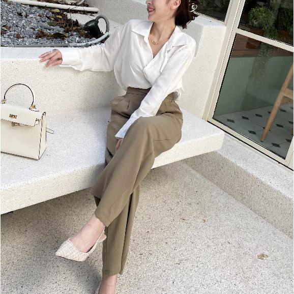 【DOE.FF】 兩釦壓褶西裝寬褲 (現貨) 西裝褲 寬褲 喇叭褲 長褲女 顯瘦長褲 喇叭褲 闊腿褲 高腰長褲-細節圖8