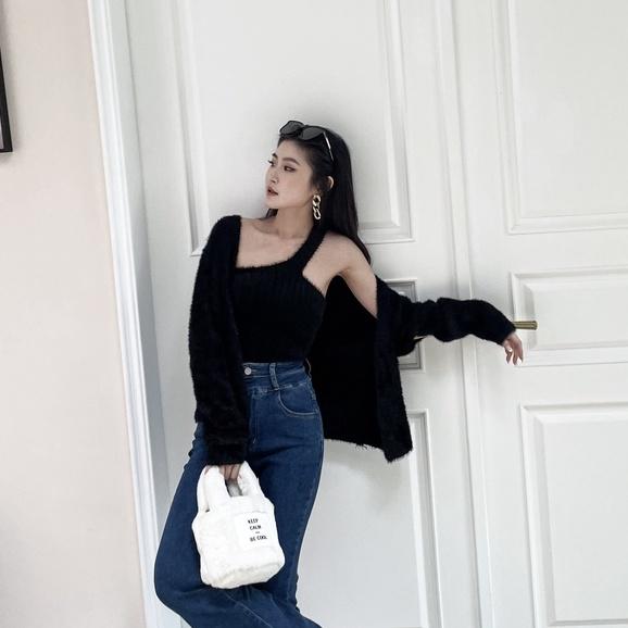 【DOE.FF】質感水貂毛兩件套（現貨）水貂毛套裝 水貂毛上衣 水貂毛外套 兩件式套裝 套裝女 短版毛衣 歐美毛衣 毛衣-細節圖3