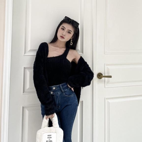 【DOE.FF】質感水貂毛兩件套（現貨）水貂毛套裝 水貂毛上衣 水貂毛外套 兩件式套裝 套裝女 短版毛衣 歐美毛衣 毛衣-細節圖4