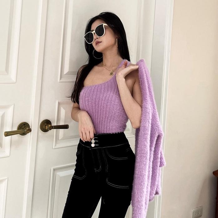 【DOE.FF】質感水貂毛兩件套（現貨）水貂毛套裝 水貂毛上衣 水貂毛外套 兩件式套裝 套裝女 短版毛衣 歐美毛衣 毛衣-細節圖5