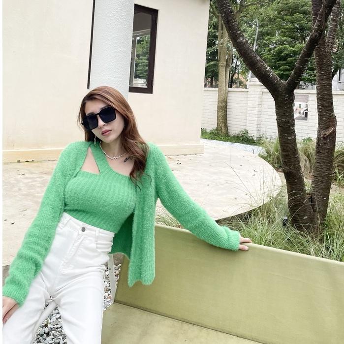 【DOE.FF】質感水貂毛兩件套（現貨）水貂毛套裝 水貂毛上衣 水貂毛外套 兩件式套裝 套裝女 短版毛衣 歐美毛衣 毛衣-細節圖6