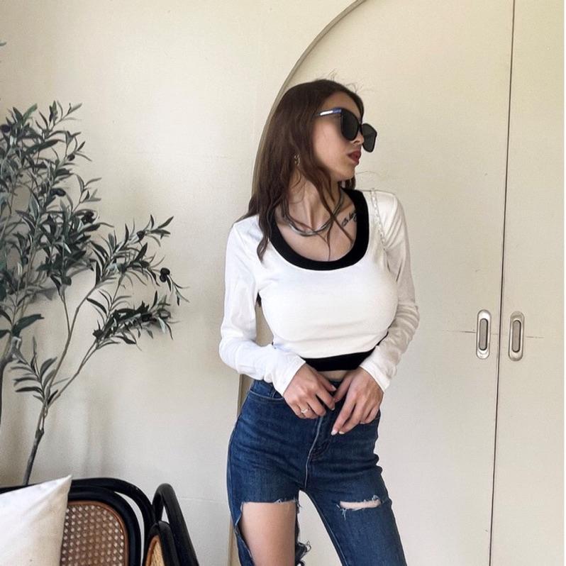 【DOE.FF】滾邊BRA長棉TEE （現貨） bratop 長t 打底衫 長袖上衣 上衣女 短版上衣 短版 辣妹上衣-細節圖5