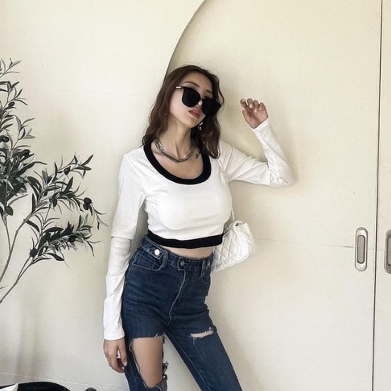 【DOE.FF】滾邊BRA長棉TEE （現貨） bratop 長t 打底衫 長袖上衣 上衣女 短版上衣 短版 辣妹上衣-細節圖6