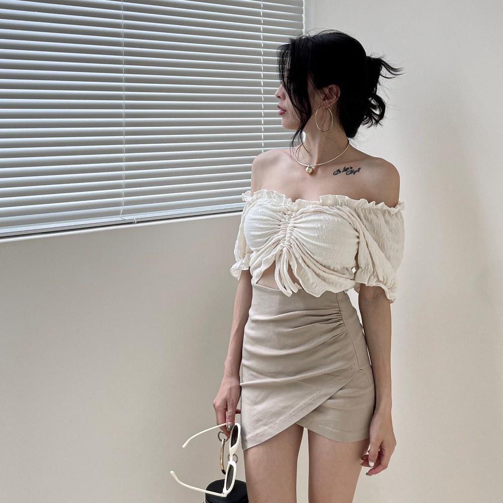 【DOE.FF】 超彈抓皺高腰褲裙 (現+預) 包臀短裙 彈力短裙 牛仔裙 褲裙 短褲女 牛仔短褲 女裝 辣妹 顯瘦短褲-細節圖2