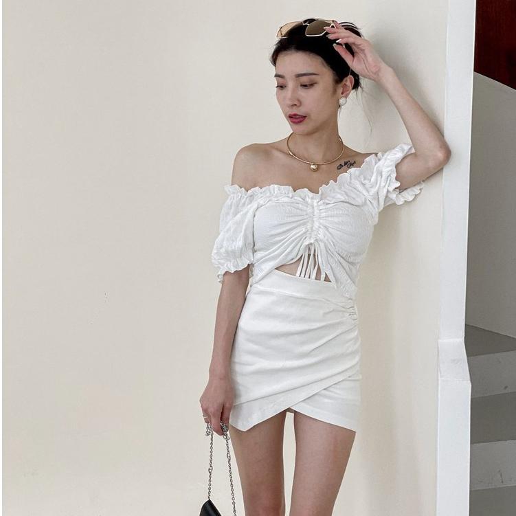 【DOE.FF】 超彈抓皺高腰褲裙 (現+預) 包臀短裙 彈力短裙 牛仔裙 褲裙 短褲女 牛仔短褲 女裝 辣妹 顯瘦短褲-細節圖4