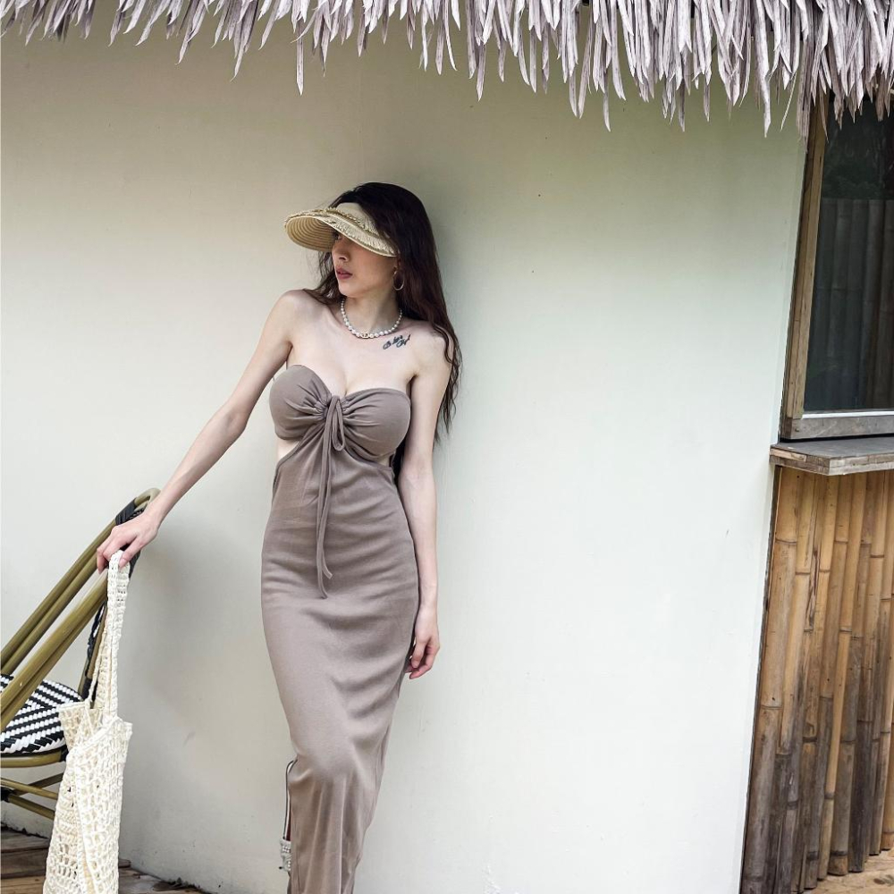 【DOE.FF】 抽繩挖腰兩穿帶杯長洋 (現貨) 連身裙 連身洋裝 洋裝 連體洋 連體裙 孕婦裝 度假洋裝 顯瘦洋裝-細節圖2