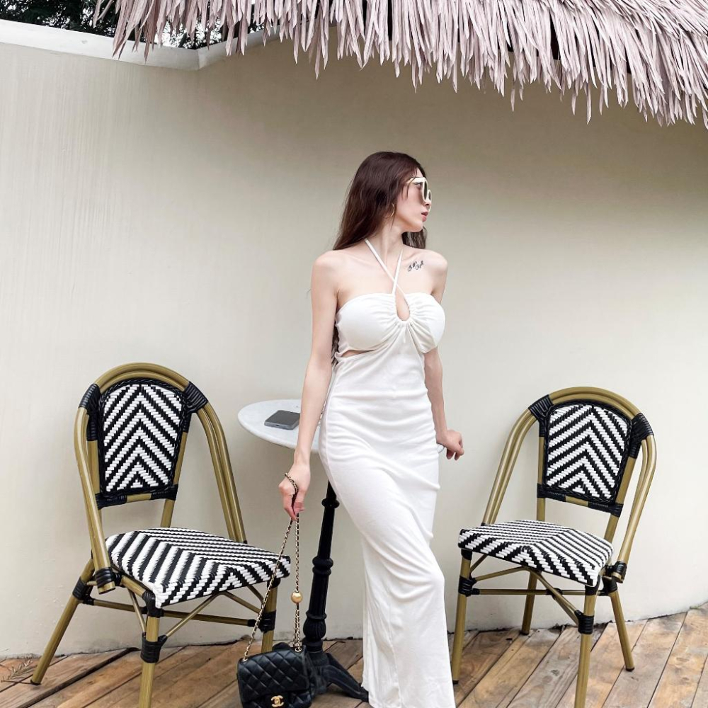 【DOE.FF】 抽繩挖腰兩穿帶杯長洋 (現貨) 連身裙 連身洋裝 洋裝 連體洋 連體裙 孕婦裝 度假洋裝 顯瘦洋裝-細節圖3