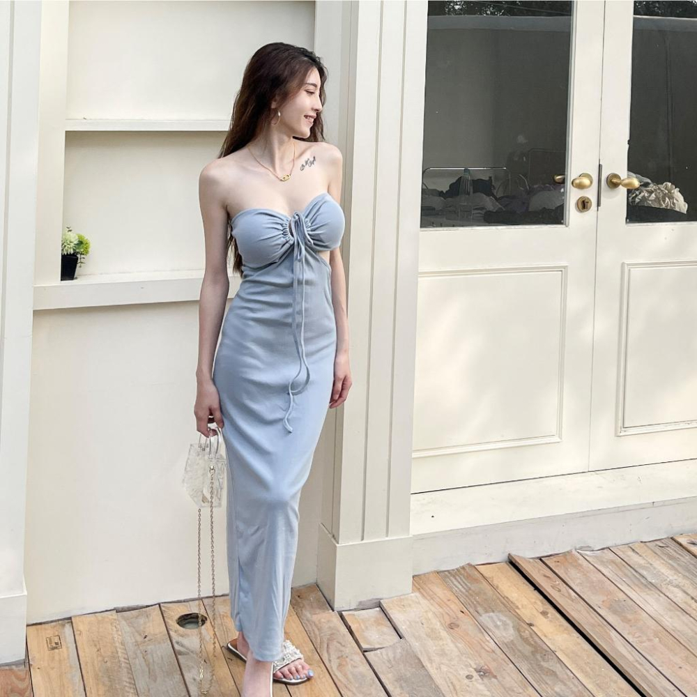 【DOE.FF】 抽繩挖腰兩穿帶杯長洋 (現貨) 連身裙 連身洋裝 洋裝 連體洋 連體裙 孕婦裝 度假洋裝 顯瘦洋裝-細節圖5