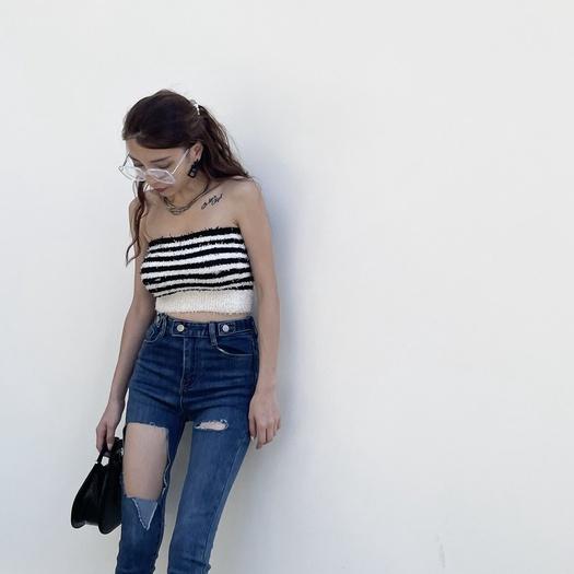 【DOE.FF】抽鬚條紋平口背心| 現貨 |內搭 bratop bra背心女 短版背心 辣妹背心 針織背心-細節圖5