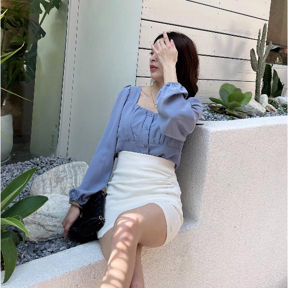 【DOE.FF】 抓皺方領雪紡上衣 (現貨) 露肩上衣 襯衫女 短版襯衫 上衣女 襯衫-細節圖2