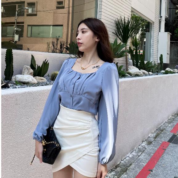 【DOE.FF】 抓皺方領雪紡上衣 (現貨) 露肩上衣 襯衫女 短版襯衫 上衣女 襯衫-細節圖3