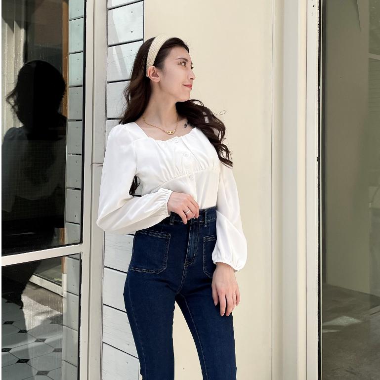 【DOE.FF】 抓皺方領雪紡上衣 (現貨) 露肩上衣 襯衫女 短版襯衫 上衣女 襯衫-細節圖4