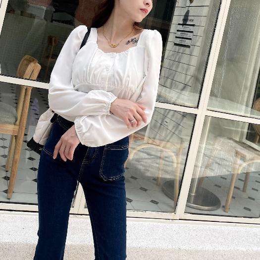 【DOE.FF】 抓皺方領雪紡上衣 (現貨) 露肩上衣 襯衫女 短版襯衫 上衣女 襯衫-細節圖5