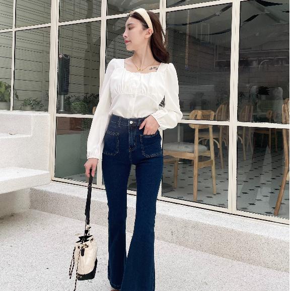 【DOE.FF】 抓皺方領雪紡上衣 (現貨) 露肩上衣 襯衫女 短版襯衫 上衣女 襯衫-細節圖6