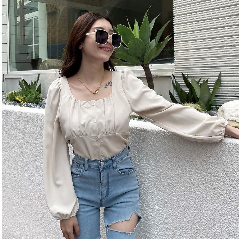 【DOE.FF】 抓皺方領雪紡上衣 (現貨) 露肩上衣 襯衫女 短版襯衫 上衣女 襯衫-細節圖7