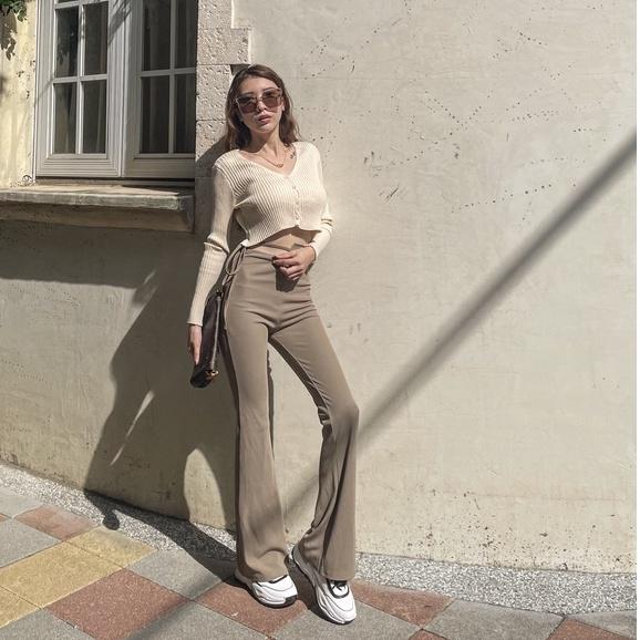 【DOE.FF】側綁腰西裝喇叭褲 ( 現貨 ) 顯瘦長褲  喇叭褲 長褲女 高腰長褲 緊身褲 休閒長褲  辣妹 西裝長褲-細節圖3