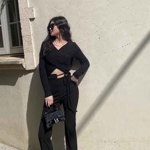 【DOE.FF】側綁腰西裝喇叭褲 ( 現貨 ) 顯瘦長褲  喇叭褲 長褲女 高腰長褲 緊身褲 休閒長褲  辣妹 西裝長褲-細節圖5