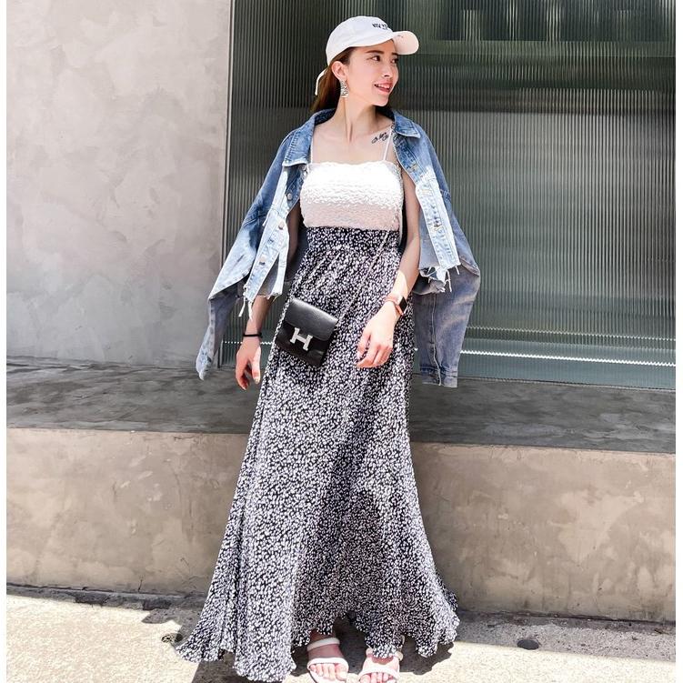 【DOE.FF】碎花百褶飄逸長裙 (現貨) 長裙 高腰長裙 裙子 Ａ字裙 開衩長裙 牛仔短裙 孕婦裝 連身裙 女裝 開衩-細節圖3