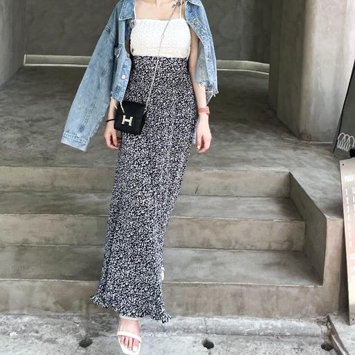 【DOE.FF】碎花百褶飄逸長裙 (現貨) 長裙 高腰長裙 裙子 Ａ字裙 開衩長裙 牛仔短裙 孕婦裝 連身裙 女裝 開衩-細節圖4