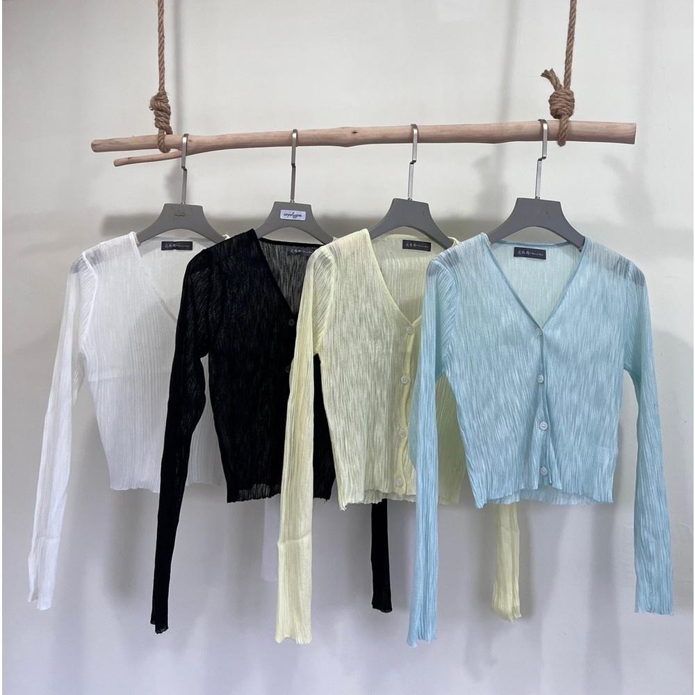 【DOE.FF】春款皺褶小鈕扣透視上衣 （現貨） 外套女 薄外套 上衣女 針織外套 針織衫 短版上衣 辣妹上衣 女裝-細節圖8