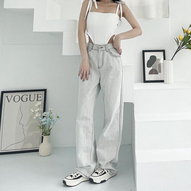 【DOE.FF】俐落水泥灰牛仔寬褲 ｜現貨｜ 長褲 牛仔褲 男友褲 百搭 顯瘦 個性 歐美-細節圖4