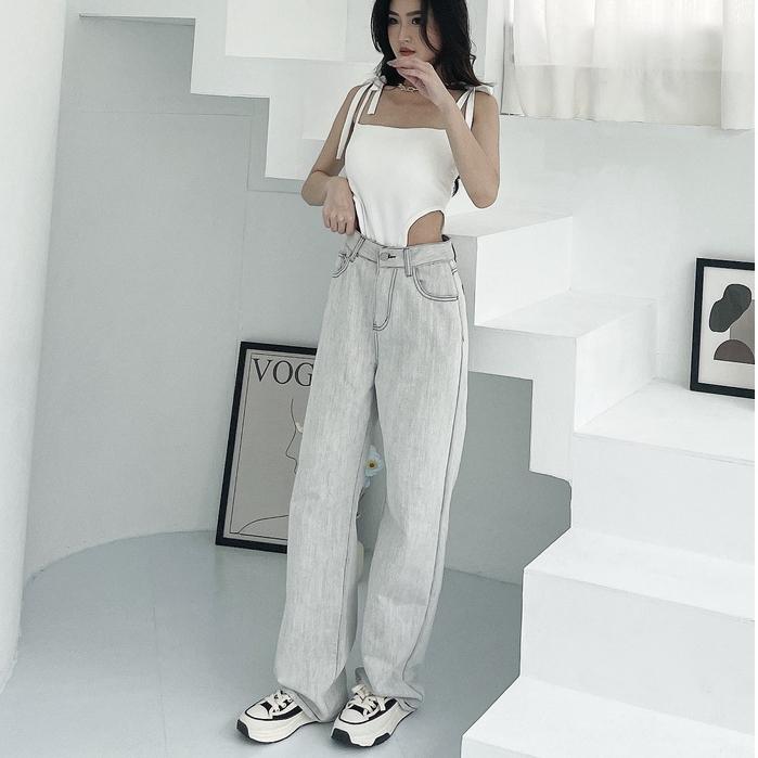 【DOE.FF】俐落水泥灰牛仔寬褲 ｜現貨｜ 長褲 牛仔褲 男友褲 百搭 顯瘦 個性 歐美-細節圖5