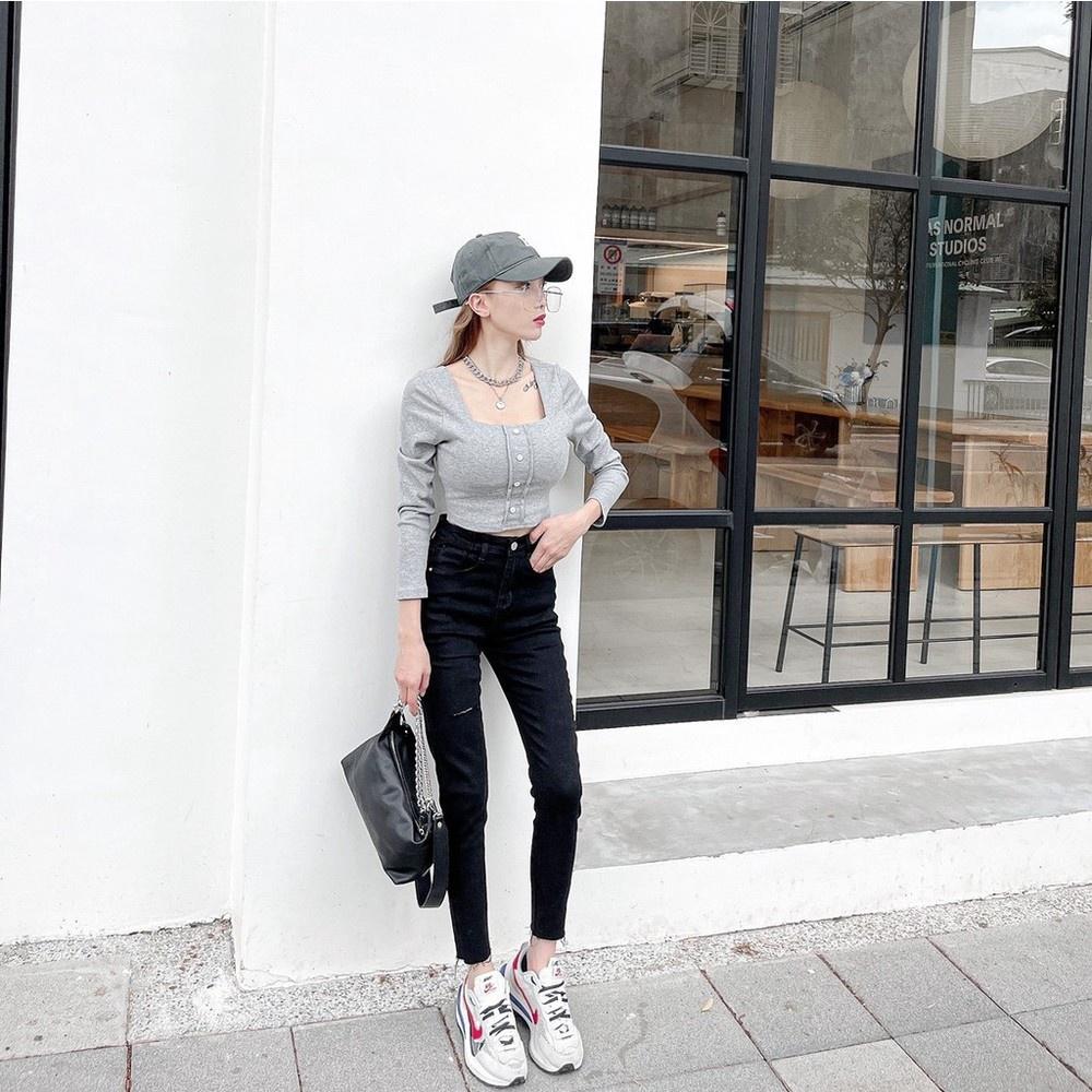 【DOE.FF】水洗割痕八分小腳褲 (現貨) 緊身褲 高腰長褲 牛仔長褲 長褲女 顯瘦長褲 女裝 歐美風 辣妹風-細節圖3