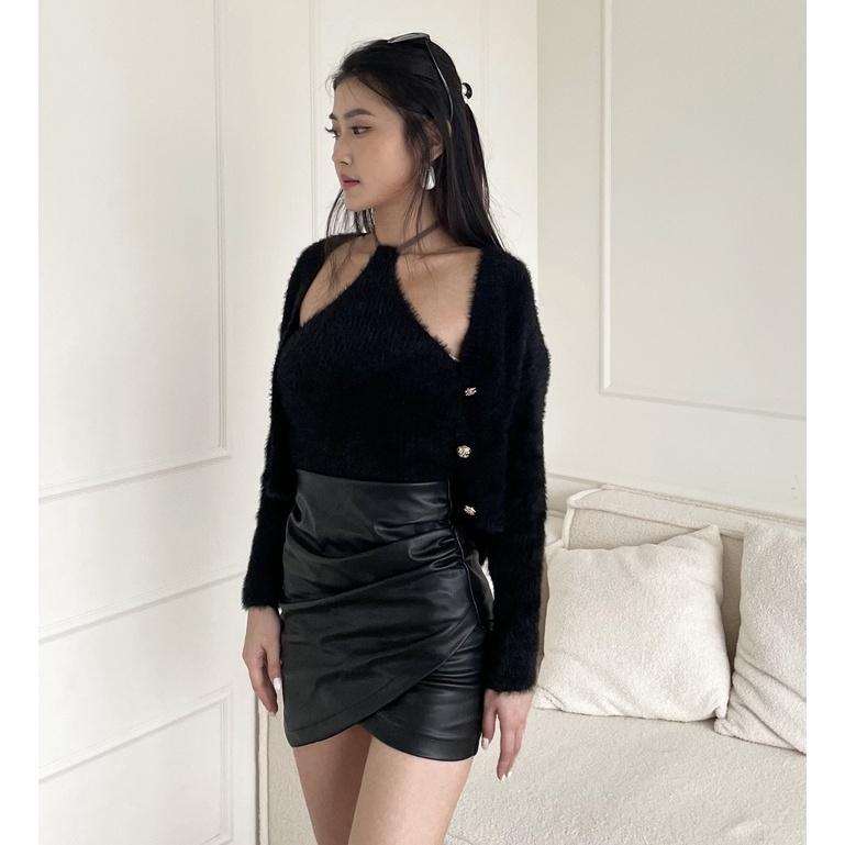 【DOE.FF】 抓皺皮質褲裙 (現貨+預購) 褲裙 皮裙 短裙 女裝 裙子 高腰短裙 短褲女 高腰短褲 洋裝 連身裙-細節圖4