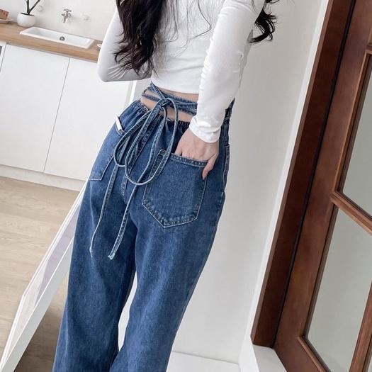 【DOE.FF】 自訂款繞腰高腰牛仔寬褲 (現貨) 寬褲 牛仔長褲 高腰長褲 長褲女 直筒褲 顯瘦長褲 歐美風 辣妹風-細節圖6