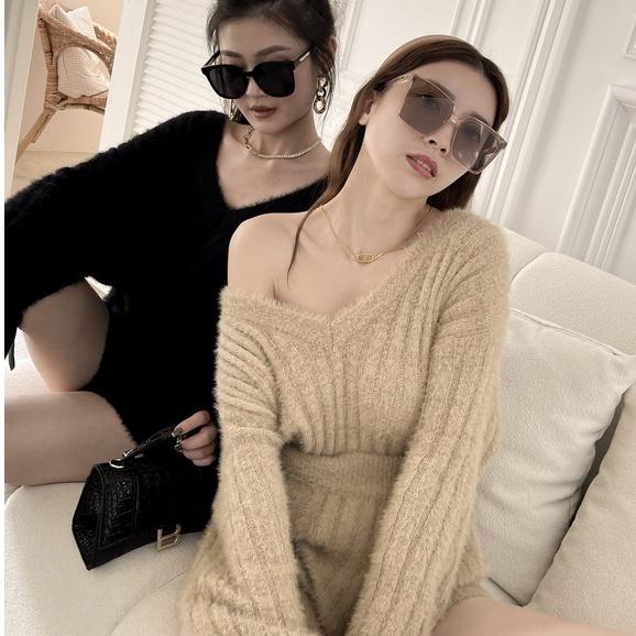 【DOE.FF】韓國貂毛針織2件套｜現貨｜水貂毛 水貂毛套裝 套裝女 v領毛衣 水貂毛短褲 水貂毛上衣 針織毛衣 毛衣女-細節圖6