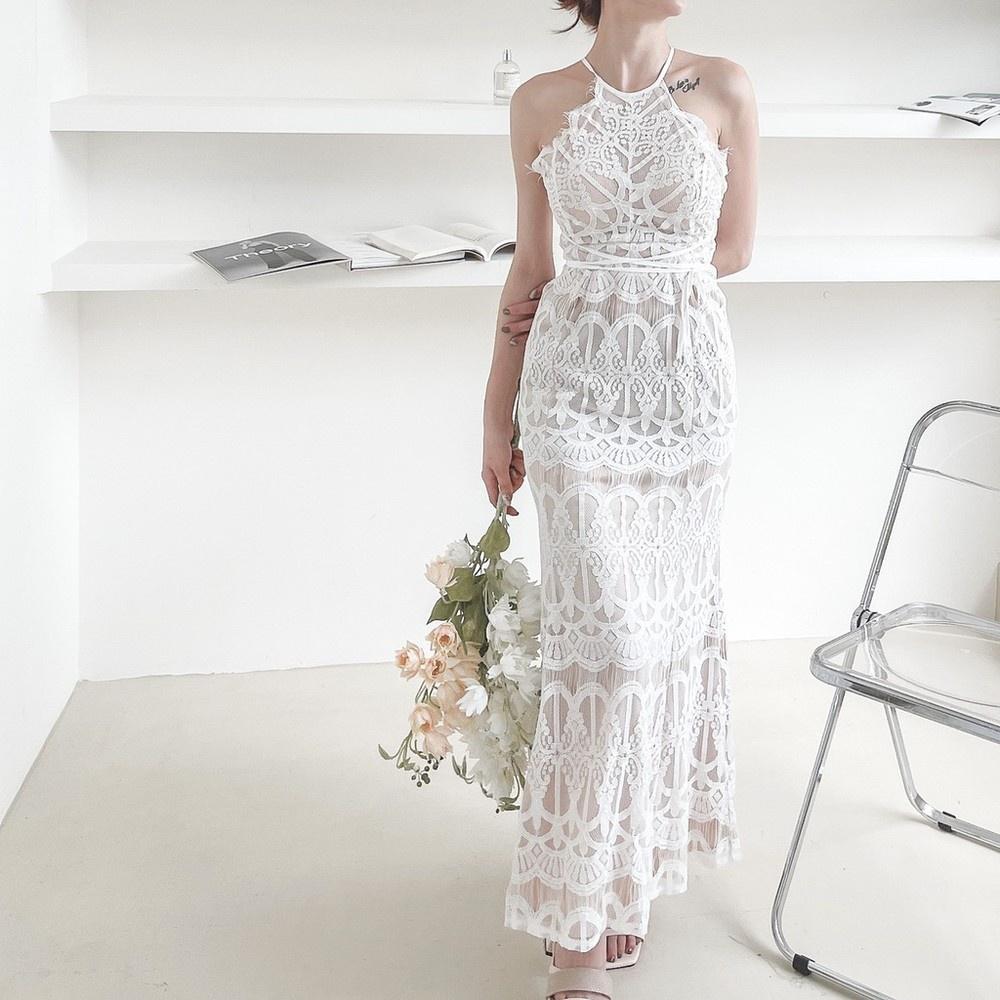 【DOE.FF】睫毛蕾絲仙女渡假長洋 (現貨) 洋裝 蕾絲洋裝 削肩洋裝 露肩洋裝 連身裙 長洋 長洋裝 女裝 度假-細節圖3