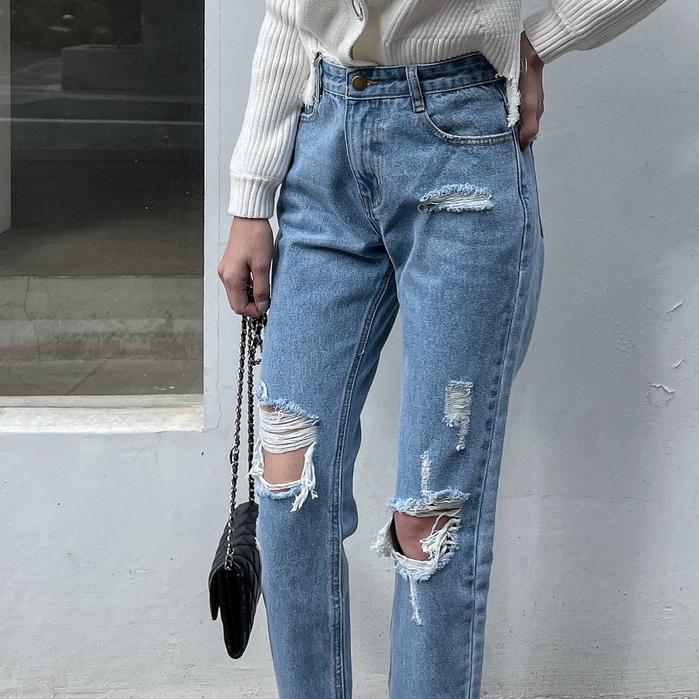 【DOE.FF】 刷破牛仔直筒褲 (現貨) 男友褲 牛仔長褲 直筒牛仔褲 長褲女 顯瘦長褲 直筒褲 寬褲 女裝 歐美風-細節圖3