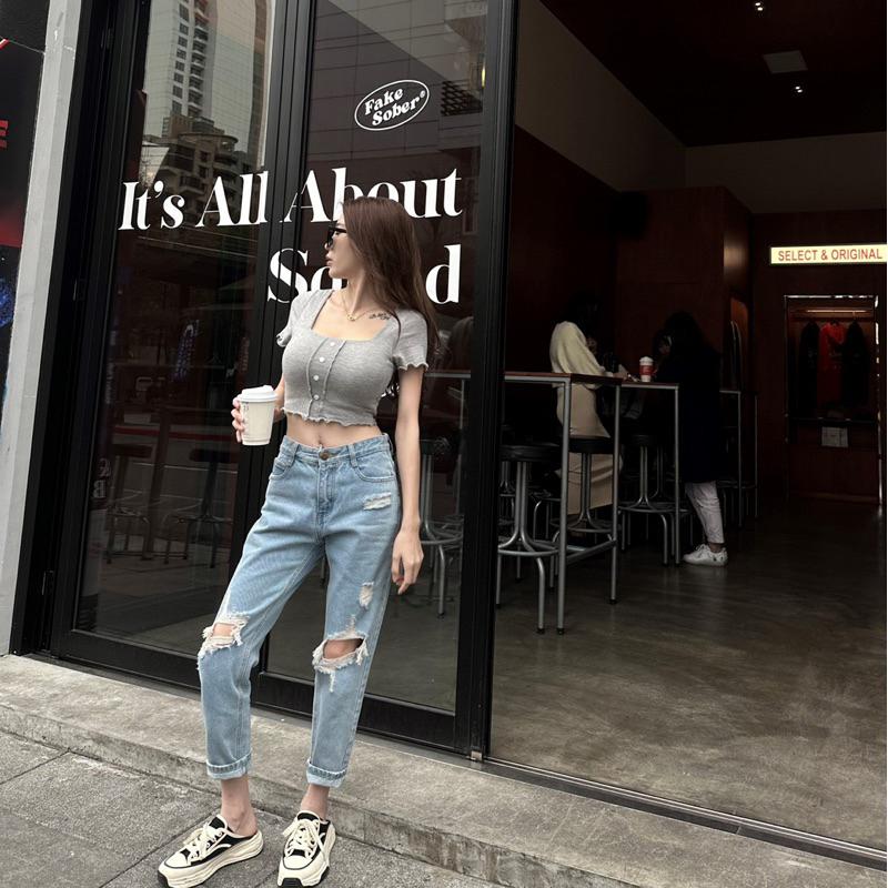 【DOE.FF】 刷破牛仔直筒褲 (現貨) 男友褲 牛仔長褲 直筒牛仔褲 長褲女 顯瘦長褲 直筒褲 寬褲 女裝 歐美風-細節圖4