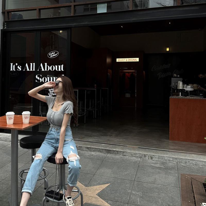 【DOE.FF】 刷破牛仔直筒褲 (現貨) 男友褲 牛仔長褲 直筒牛仔褲 長褲女 顯瘦長褲 直筒褲 寬褲 女裝 歐美風-細節圖5