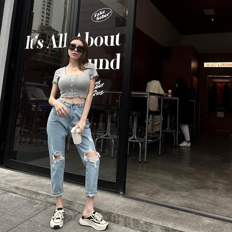 【DOE.FF】 刷破牛仔直筒褲 (現貨) 男友褲 牛仔長褲 直筒牛仔褲 長褲女 顯瘦長褲 直筒褲 寬褲 女裝 歐美風-細節圖6