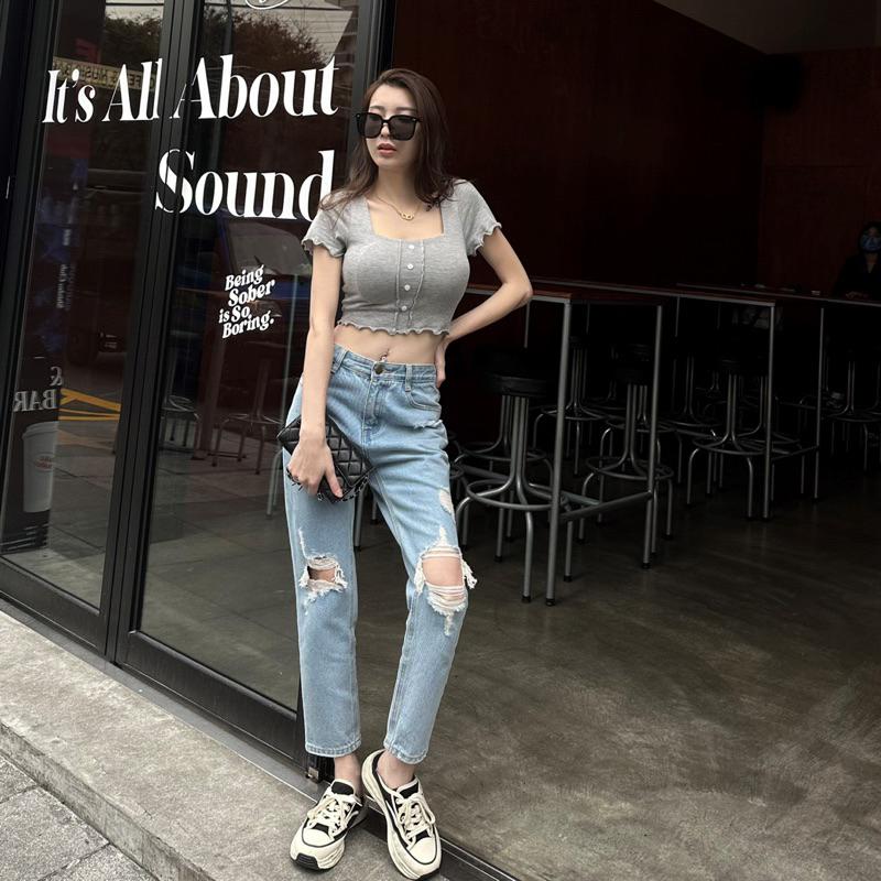 【DOE.FF】 刷破牛仔直筒褲 (現貨) 男友褲 牛仔長褲 直筒牛仔褲 長褲女 顯瘦長褲 直筒褲 寬褲 女裝 歐美風-細節圖8