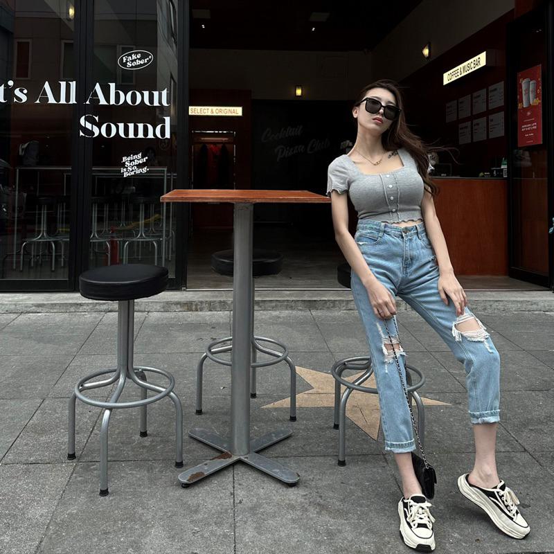 【DOE.FF】 刷破牛仔直筒褲 (現貨) 男友褲 牛仔長褲 直筒牛仔褲 長褲女 顯瘦長褲 直筒褲 寬褲 女裝 歐美風-細節圖9