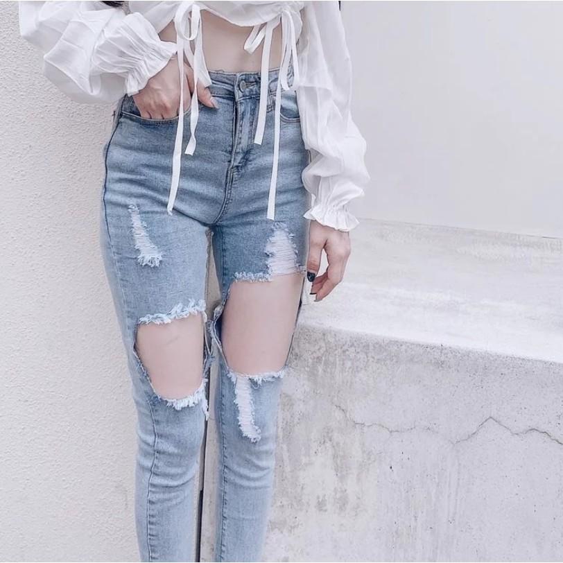 【DOE.FF】淡藍刷破緊身窄管褲 (現貨) 緊身褲 高腰長褲 顯瘦長褲 牛仔褲 牛仔長褲 長褲女 窄管褲 女裝-細節圖2