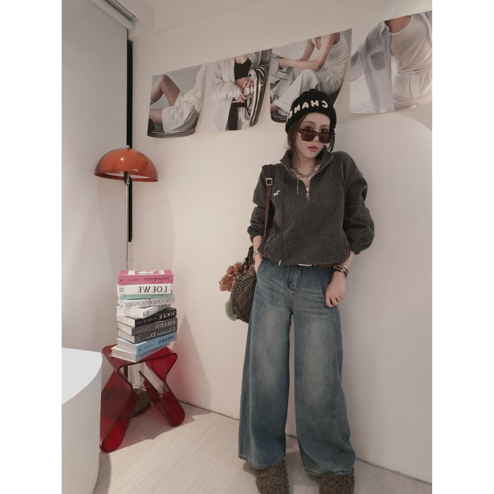 左左家#671 可愛小狗狗半拉鏈磨毛上衣(深灰)-細節圖2