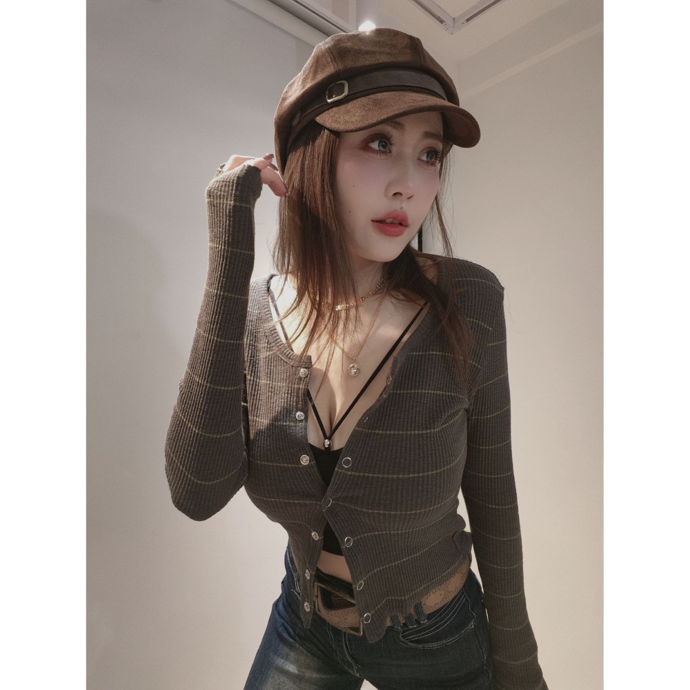 左左家#8172 條紋針織開衫(灰綠)-細節圖2